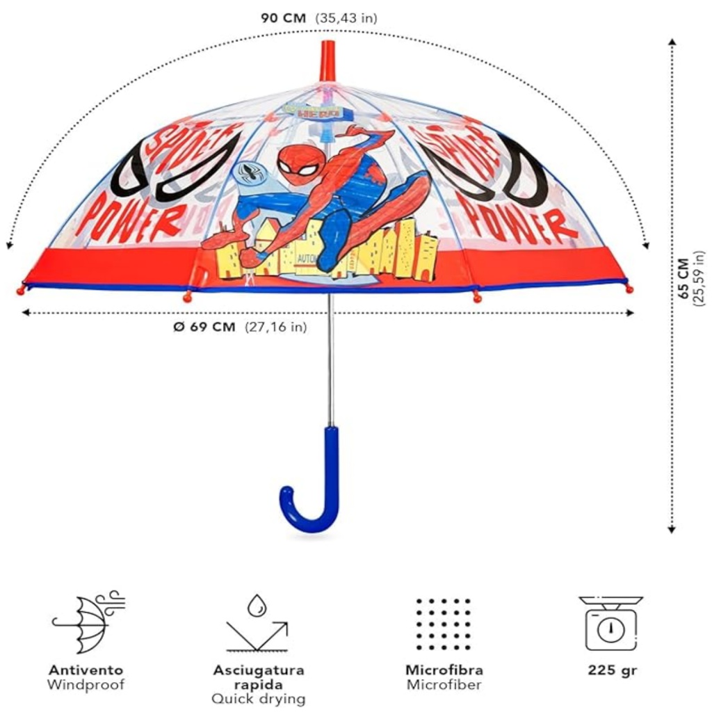 Dětský průhledný deštník Perletti Kids Spiderman 75338, průměr 83 cm, délka 65 cm, váha 225 g.