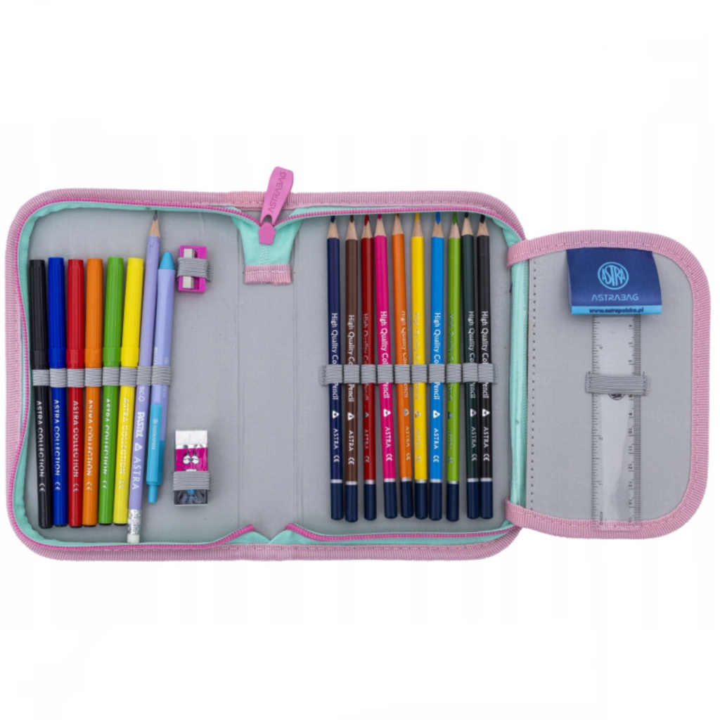 Vyklápěcí penál AstraBAG s kompletní výbavou kvalitních psacích potřeb. Ideální pro první stupeň ZŠ. Ušetřete čas a získejte