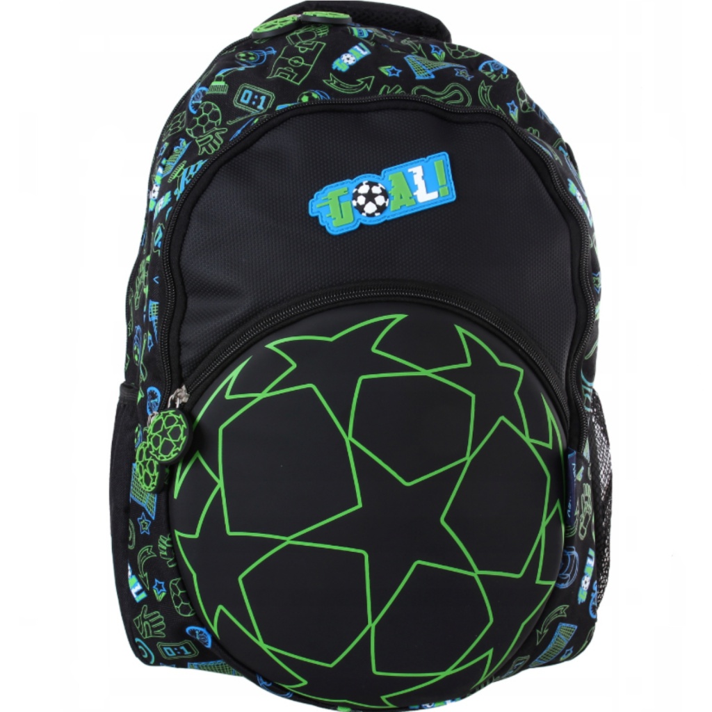 Prostorný školní batoh ASTRABAG GOAL! s lesklým potiskem a kapsou s motivem míče. Obsahuje 2 přihrádky, 2 vnější kapsy