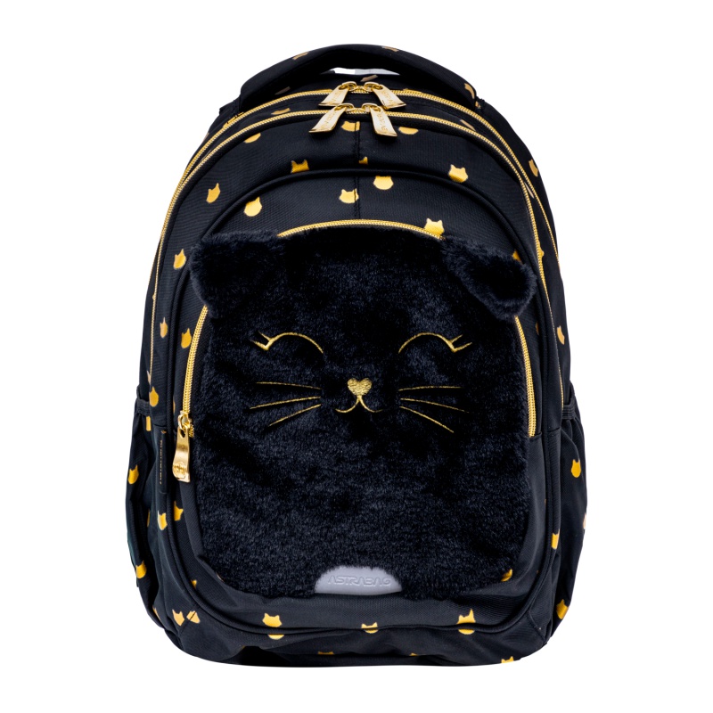 Školní batoh FLUFFY KITTY BLACK s ergonomickými zády a reflexními prvky Obsahuje 3 přihrádky a 2 vnější kapsy.