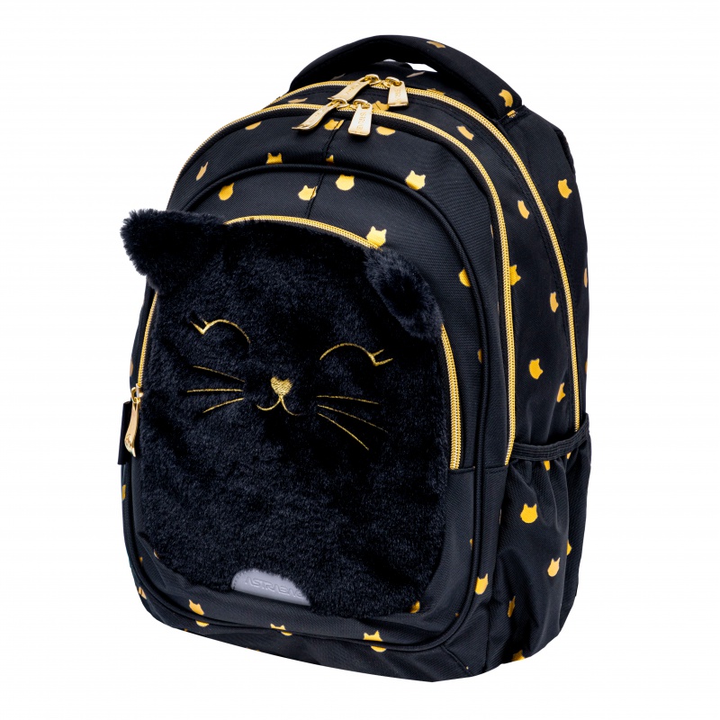 Školní batoh FLUFFY KITTY BLACK s ergonomickými zády a reflexními prvky Obsahuje 3 přihrádky a 2 vnější kapsy.