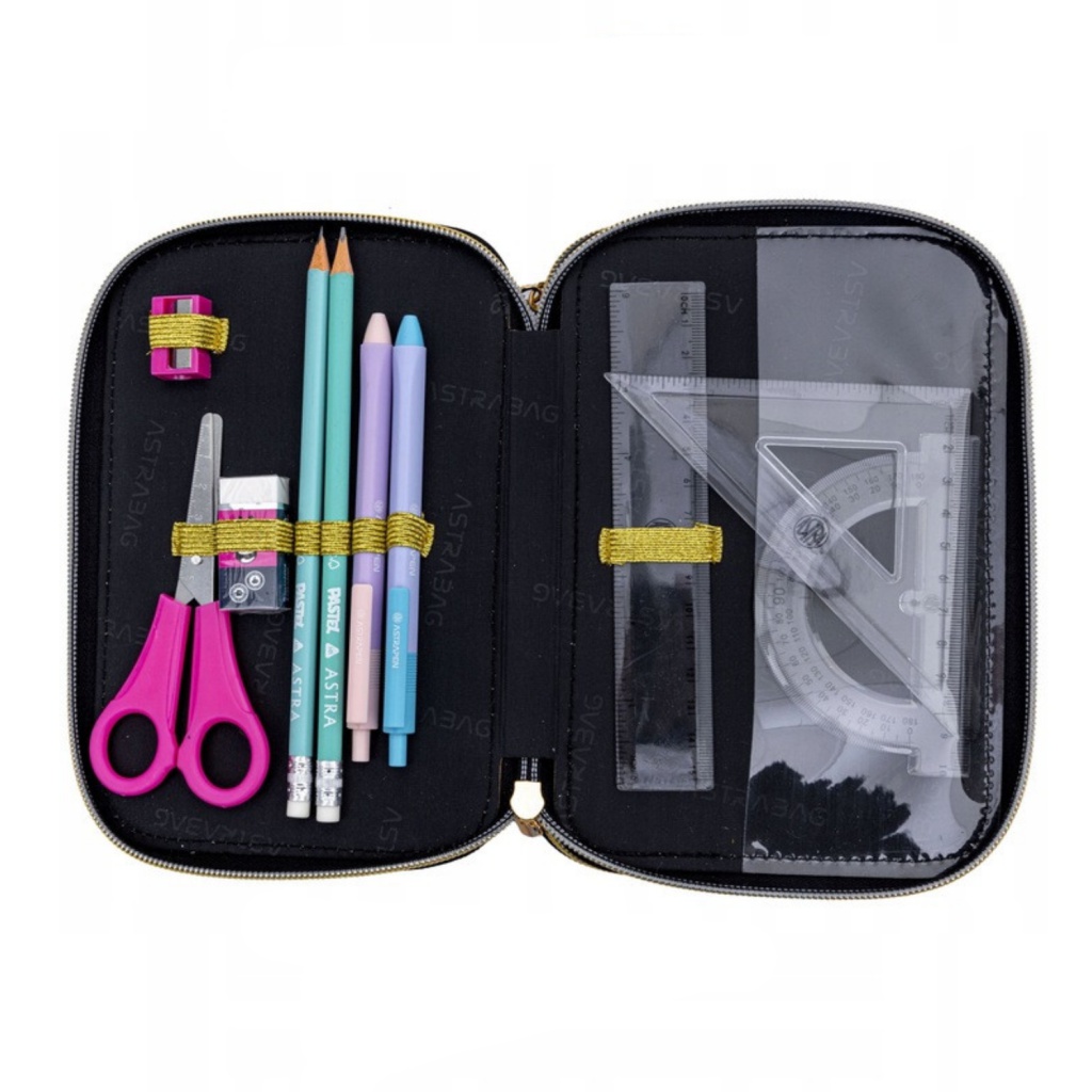 Třípatrový penál AstraBAG FLUFFY KITTY BLACK – s výbavou, 503025027