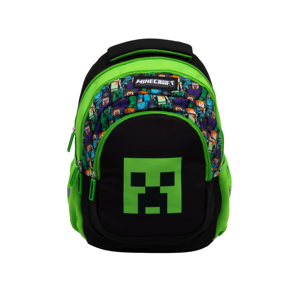Školní batoh MINECRAFT s ergonomickými zády a reflexními prvky. Obsahuje 3 přihrádky a 2 vnější kapsy. Vyroben z nepr