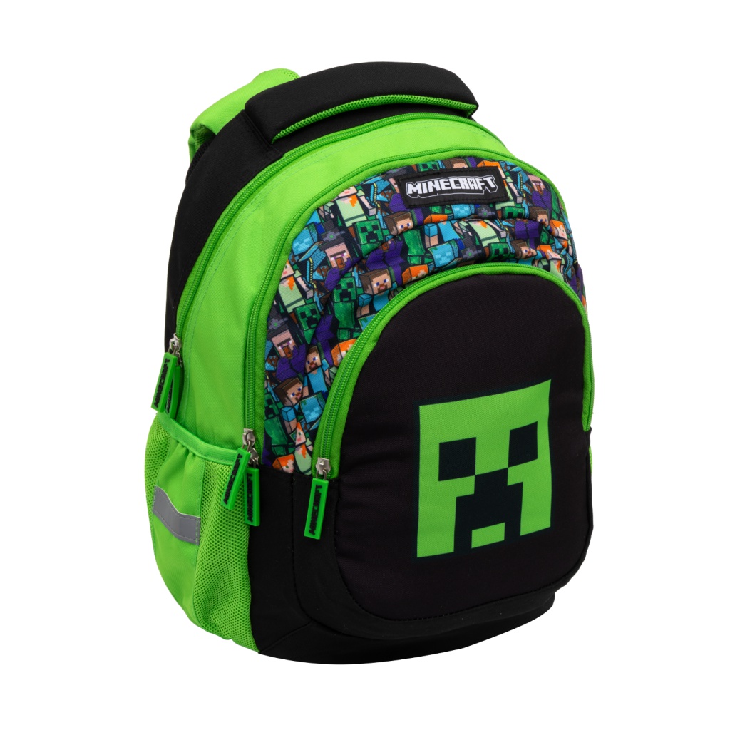 Školní batoh MINECRAFT s ergonomickými zády a reflexními prvky. Obsahuje 3 přihrádky a 2 vnější kapsy. Vyroben z nepr