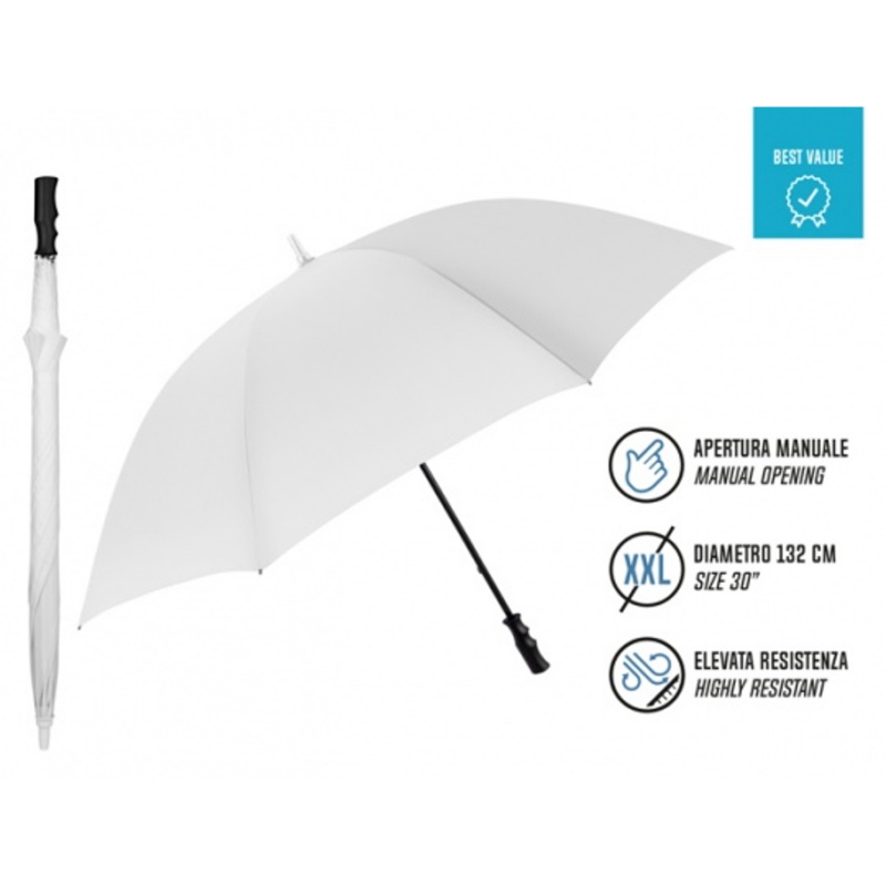 Golfový dáždnik Perletti Promotional White – XXL, manuálny, 132 cm Golfový dáždnik Perletti Promotional White – XXL, manuálny, 132 cm