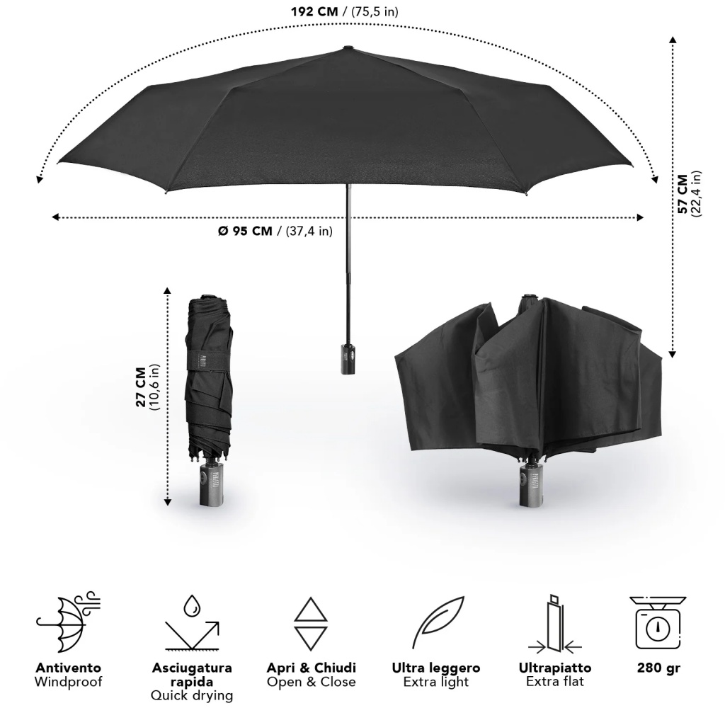 Plnoautomatický deštník Perletti Piatto černý – extra plochý, větruvzdorný