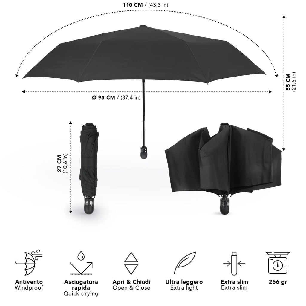 Perletti dáždnik Extra Piatto Black – skladací, plnoautomatický, vetruvzdorný