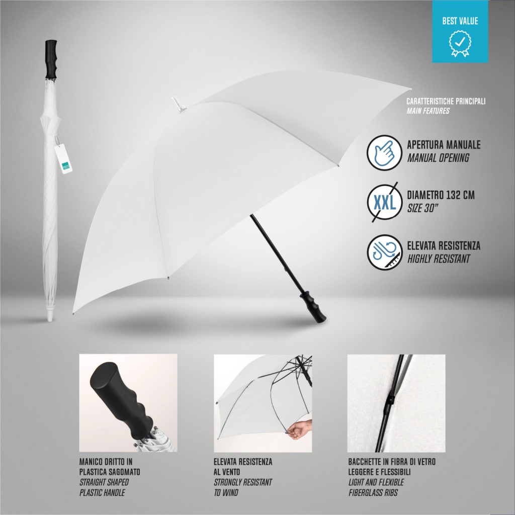 Golfový dáždnik Perletti Promotional White – XXL, manuálny, 132 cm