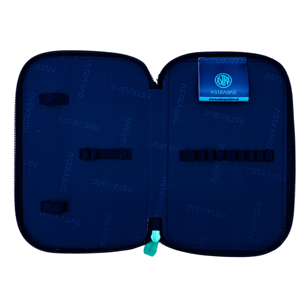 Praktický dvojitý penál ASTRABAG s atraktivním dětským motivem. Obsahuje dvě prostorné přihrádky na psací potřeby a škol