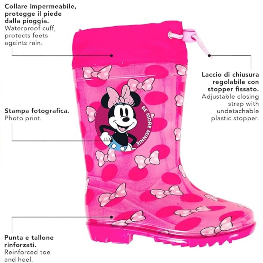 Dievčenské gumáky Perletti Kids Minnie Mouse – nepremokavé, ružové, veľkosti 22–29