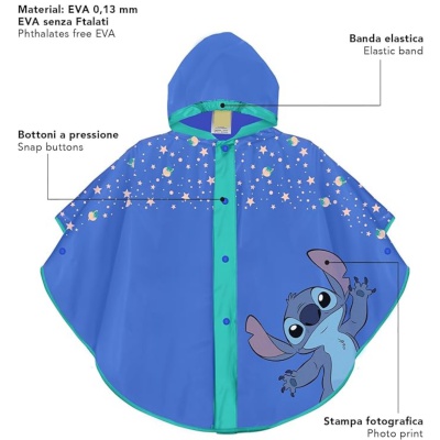 Detský pršiplášť Perletti Kids Lilo & Stitch – pončo 3–6 rokov, modré EVA Detský pršiplášť Perletti Kids Lilo & Stitch – pončo 3–6 rokov, modré EVA