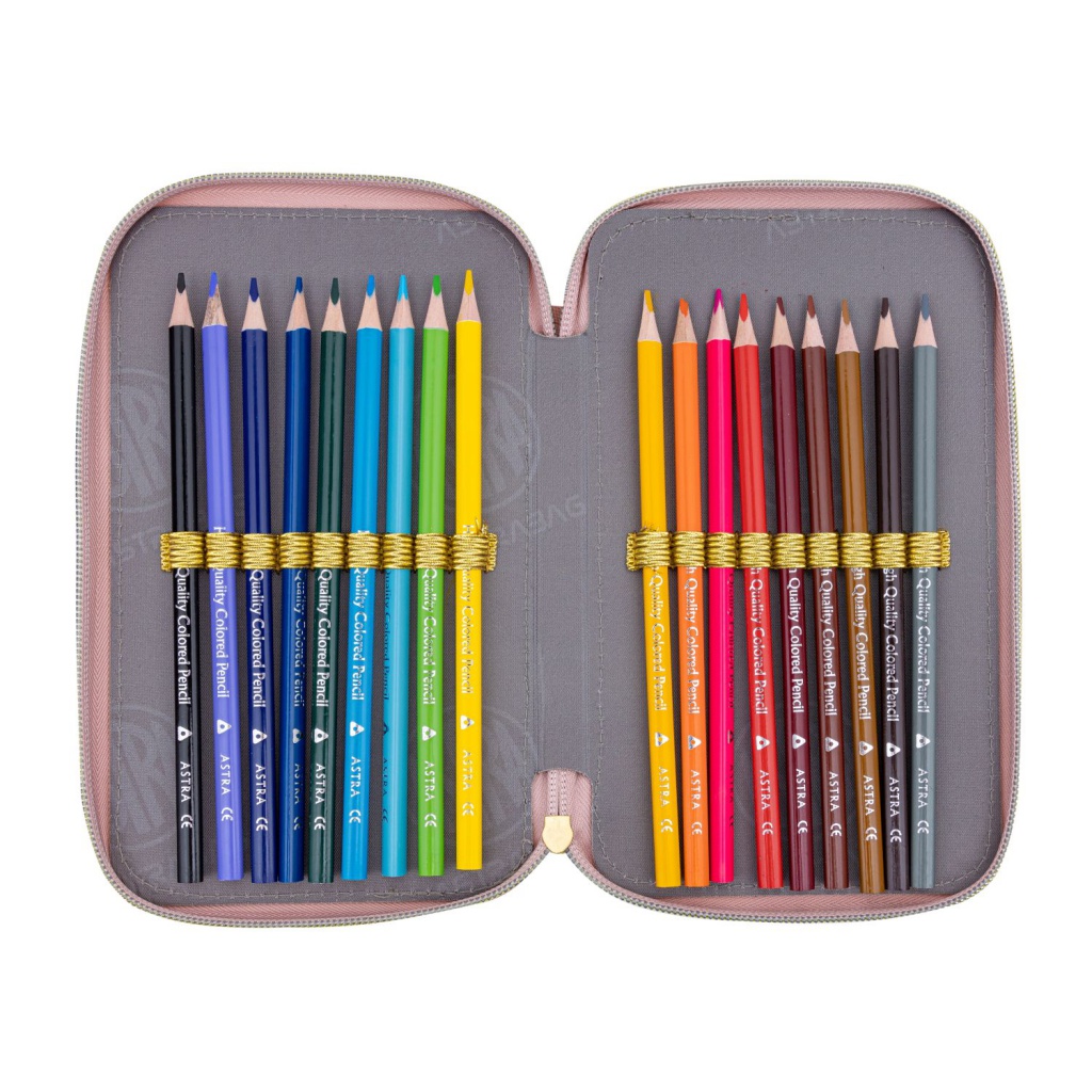 Třípatrový penál AstraBAG FLUFFY UNICORN s náplní – růžový chlupatý design