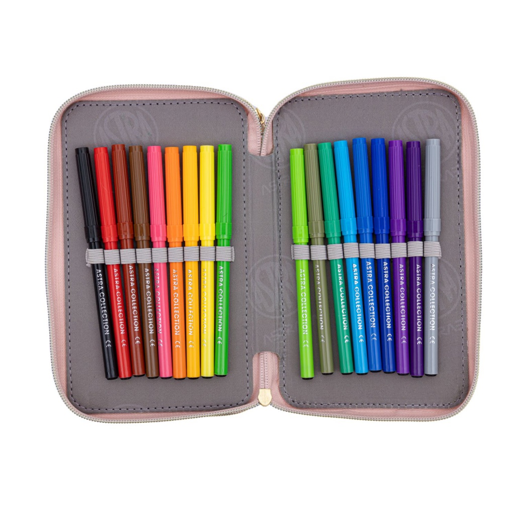 Třípatrový penál AstraBAG FLUFFY UNICORN s náplní – růžový chlupatý design