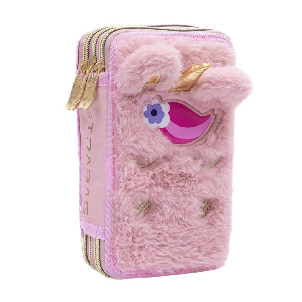 Třípatrový penál AstraBAG FLUFFY UNICORN s náplní – růžový chlupatý design