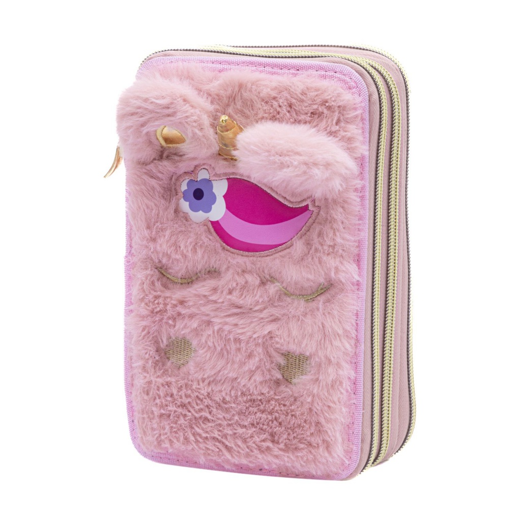 Trojposchodový peračník AstraBAG FLUFFY UNICORN s náplňou – ružový chlpatý dizajn