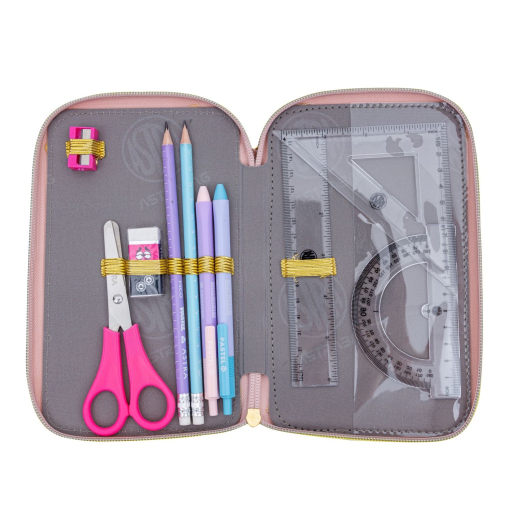 Třípatrový penál AstraBAG FLUFFY UNICORN s náplní – růžový chlupatý design