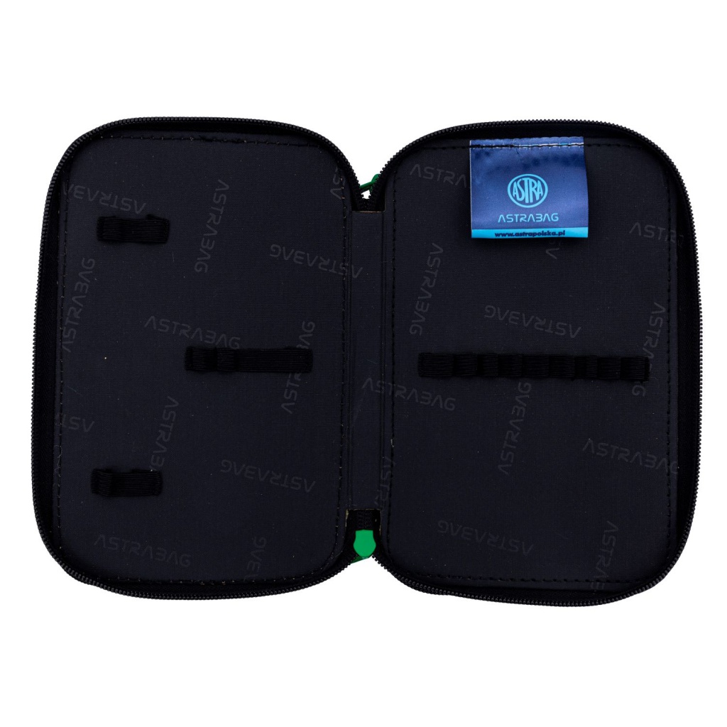 Praktický dvojitý penál ASTRABAG s atraktivním dětským motivem. Obsahuje dvě prostorné přihrádky na psací potřeby a škol