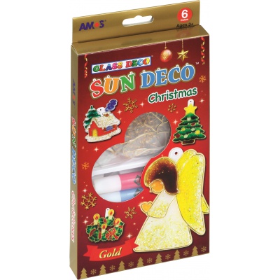 Objevte kouzlo Vánoc s kreativní sadou AMOS Glass Deco Sun Deco Christmas. Díky 6 zářivým barvám a 6 zlatým šablonám si děti v
