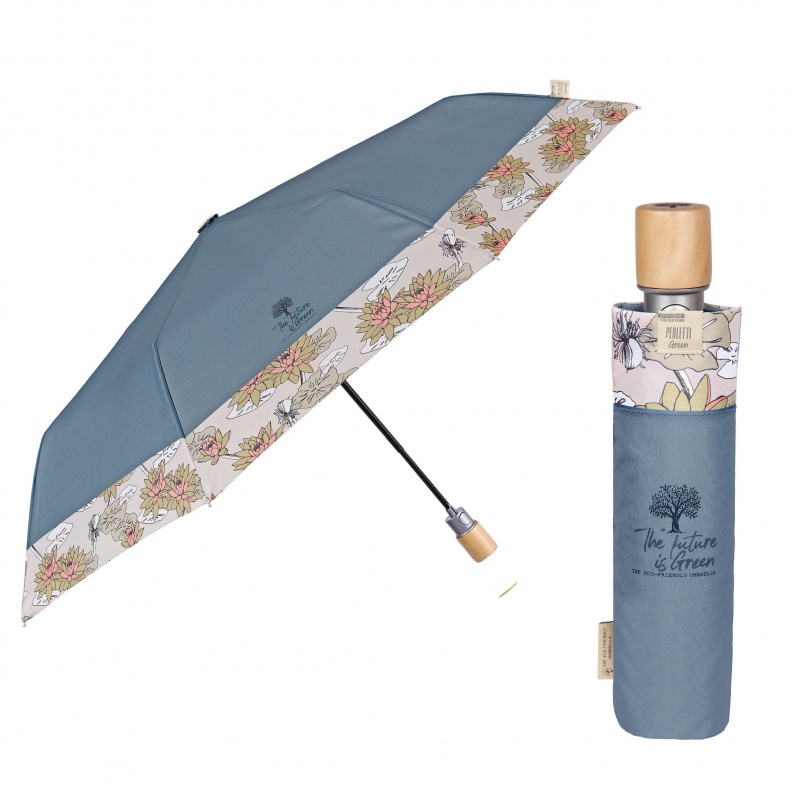 Perletti Green „Fiori di Loto“ v elegantní petrolově zelené barvě je stylový dámský deštník s ekologickým provedením. Recyklů Perletti Green „Fiori di Loto“ v elegantní petrolově zelené barvě je stylový dámský deštník s ekologickým provedením. Recyklů