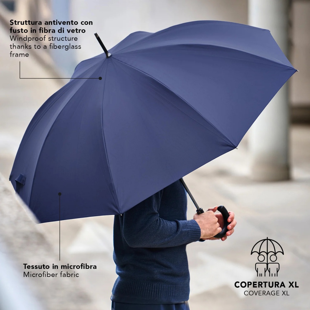 Unisex deštník Perletti XL modrý – větruodolný s reflexním lemem a karbonovou rukojetí