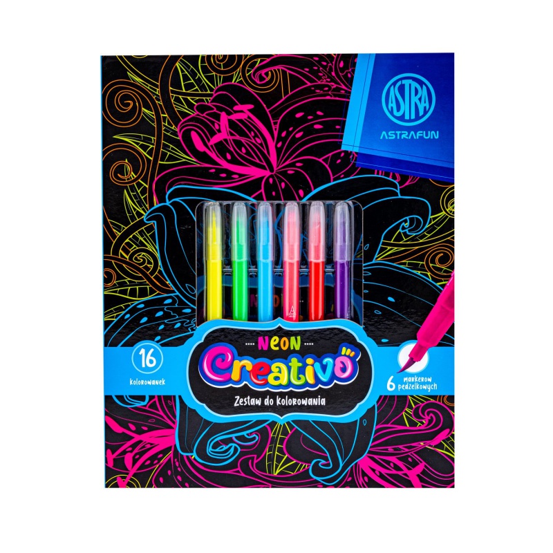 Sada na vyfarbovanie Astra Creativo Neon Flowers – 16 omaľovánok + 6 fixiek