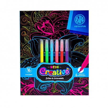 Sada na vyfarbovanie Astra Creativo Neon Flowers – 16 omaľovánok + 6 fixiek