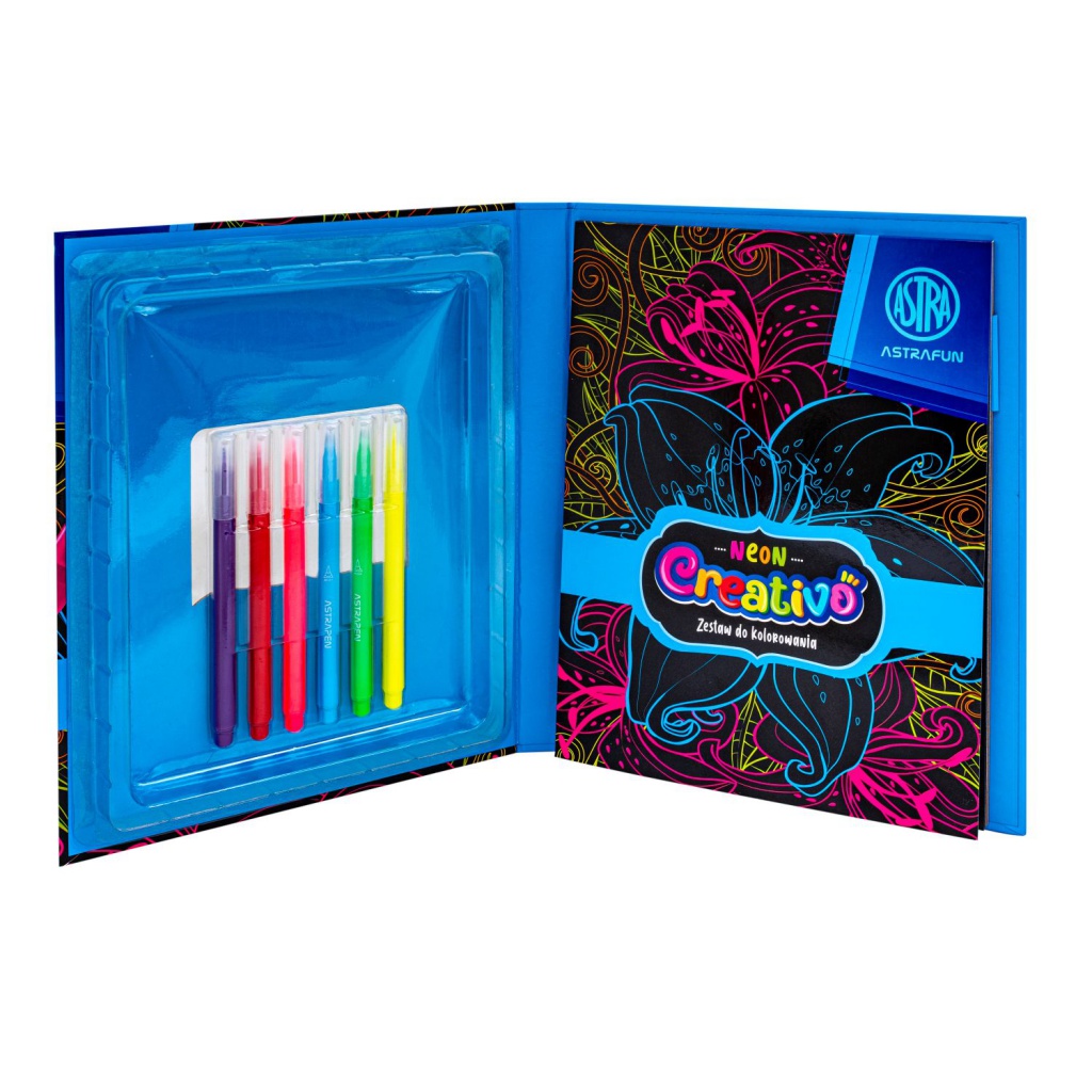 Sada na vyfarbovanie Astra Creativo Neon Flowers – 16 omaľovánok + 6 fixiek