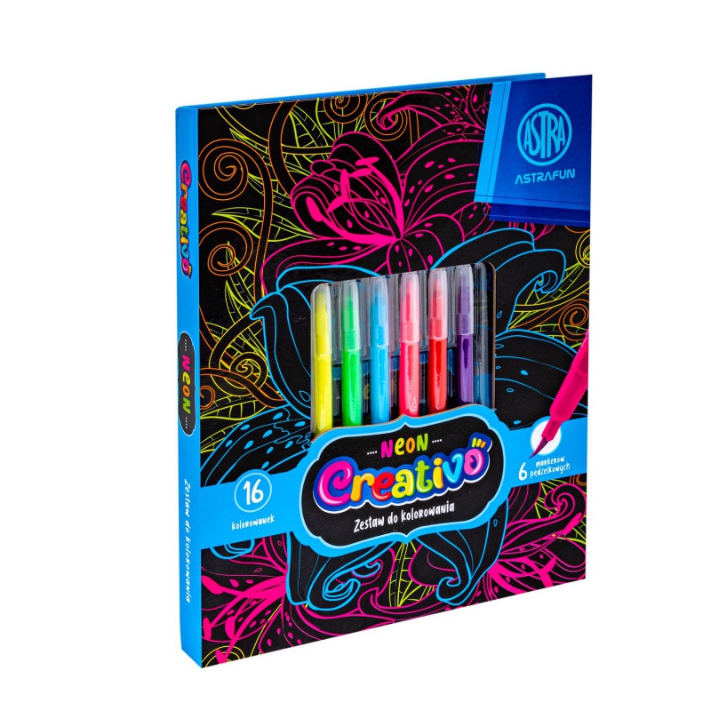 Sada na vyfarbovanie Astra Creativo Neon Flowers – 16 omaľovánok + 6 fixiek