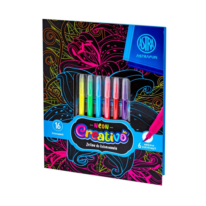 Sada na vyfarbovanie Astra Creativo Neon Flowers – 16 omaľovánok + 6 fixiek