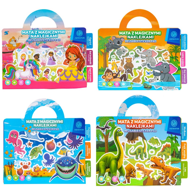 ASTRAFUN sada opakovane použiteľných nálepiek – Princesses, Safari, Ocean, Dinosaurs