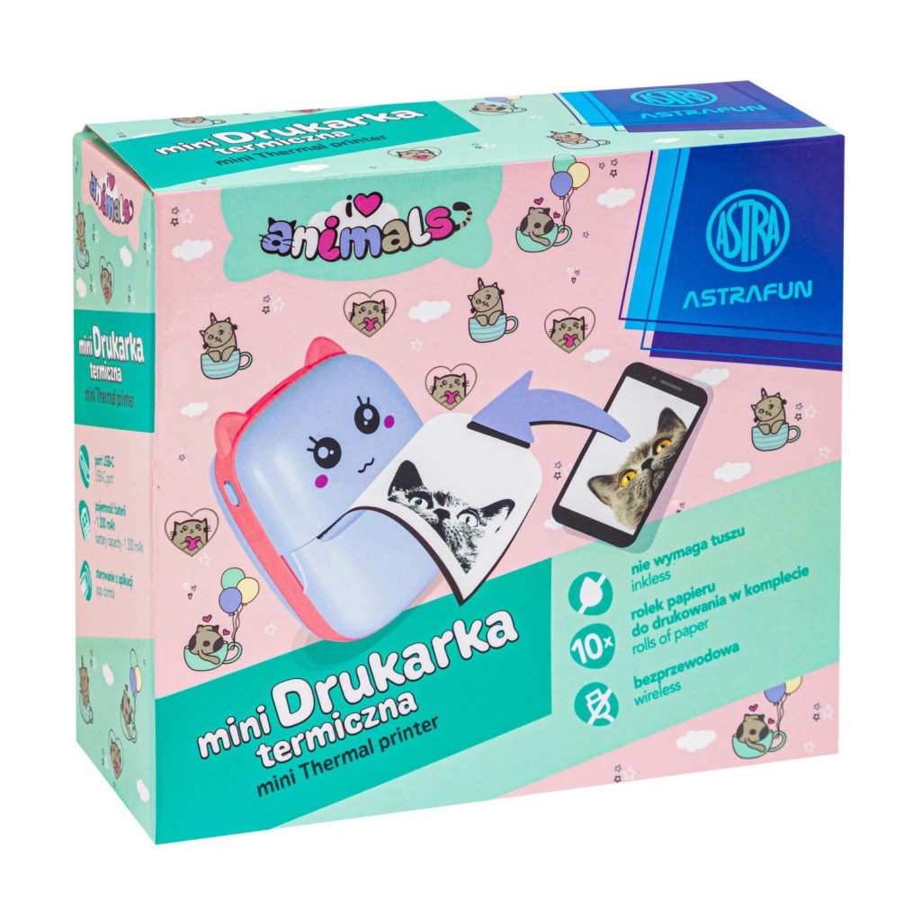AstraFUN Animals Mini termální tiskárna je bezdrátová mini tiskárna s připojením přes Bluetooth nebo USB. Umožní vám rychle vy