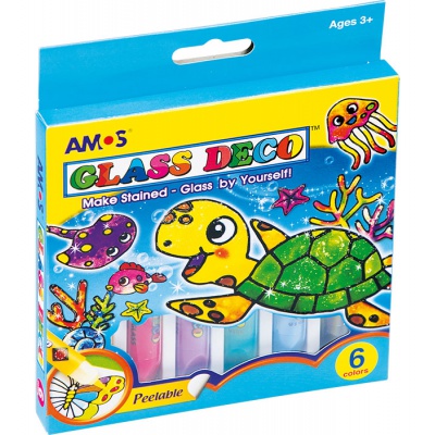 Sada vitrážových farieb AMOS Glass Deco obsahuje 6 odtieňov po 10,5 ml a čierny kontúrovací liner. Umožňuje jednoduché a kreatív Sada vitrážových farieb AMOS Glass Deco obsahuje 6 odtieňov po 10,5 ml a čierny kontúrovací liner. Umožňuje jednoduché a kreatív