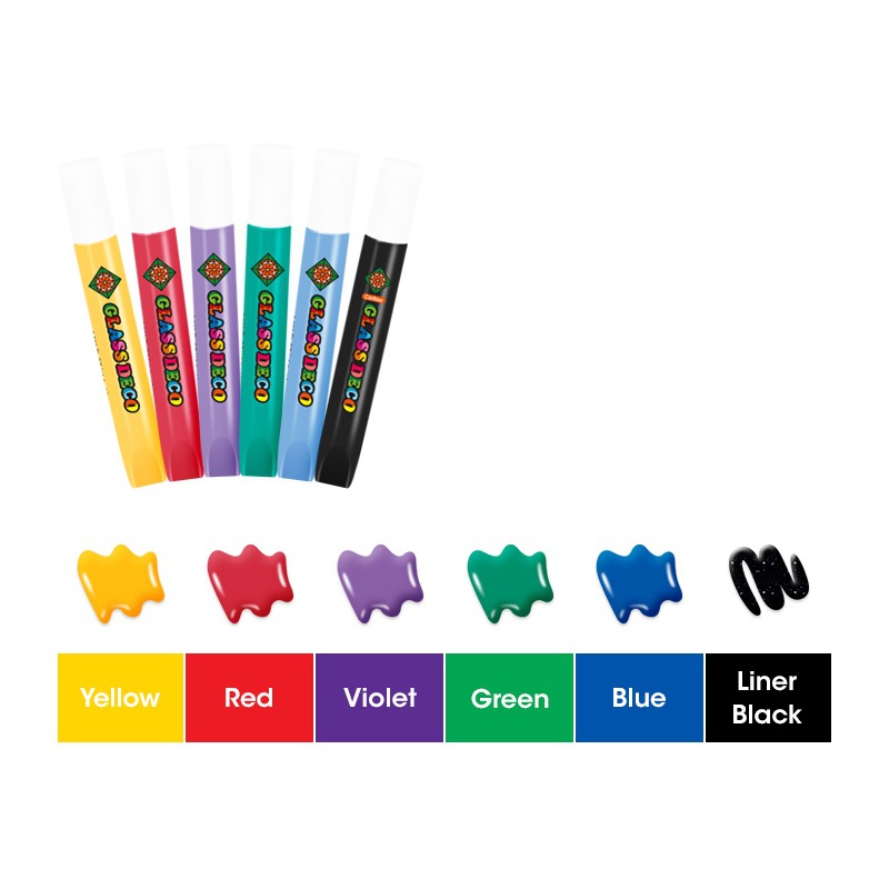 Sada vitrážových farieb AMOS Glass Deco obsahuje 6 odtieňov po 10,5 ml a čierny kontúrovací liner. Umožňuje jednoduché a kreatív Sada vitrážových farieb AMOS Glass Deco obsahuje 6 odtieňov po 10,5 ml a čierny kontúrovací liner. Umožňuje jednoduché a kreatív