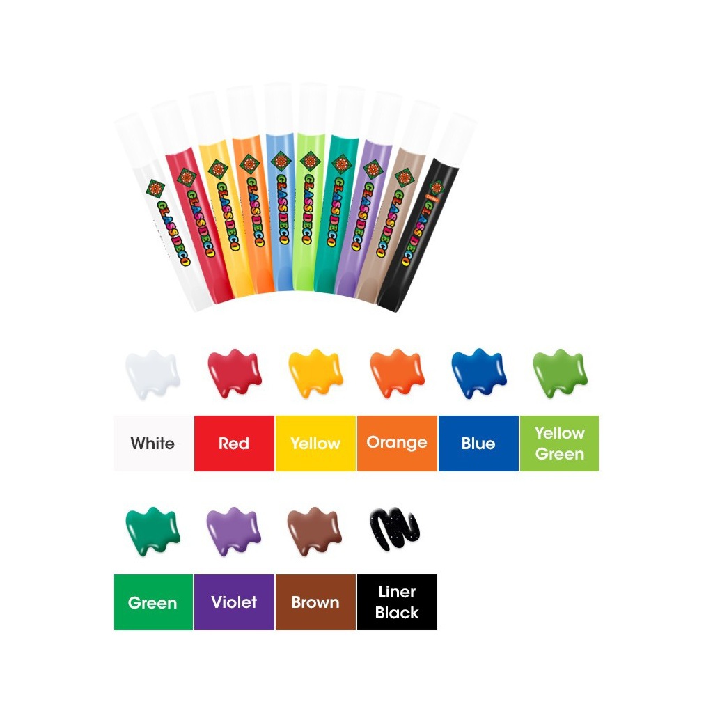 Sada AMOS Glass Deco obsahuje 10 vitrážových farieb v praktických tubách s objemom 10,5 ml. Umožňuje deťom aj dospelým vytvárať 