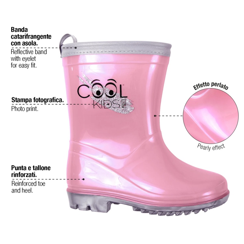 Perletti Cool Kids Perlato Rosa | 🌧️ Detské reflexné gumáky s perleťovým efektom Perletti Cool Kids Perlato Rosa | 🌧️ Detské reflexné gumáky s perleťovým efektom