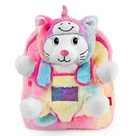 Detský batoh s plyšákom Perletti Toys Kawaii Unicorn Cat | Ružovo-duhový batôžtek