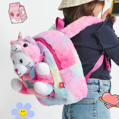 Detský batoh s plyšákom Perletti Toys Kawaii Unicorn Cat | Ružovo-duhový batôžtek