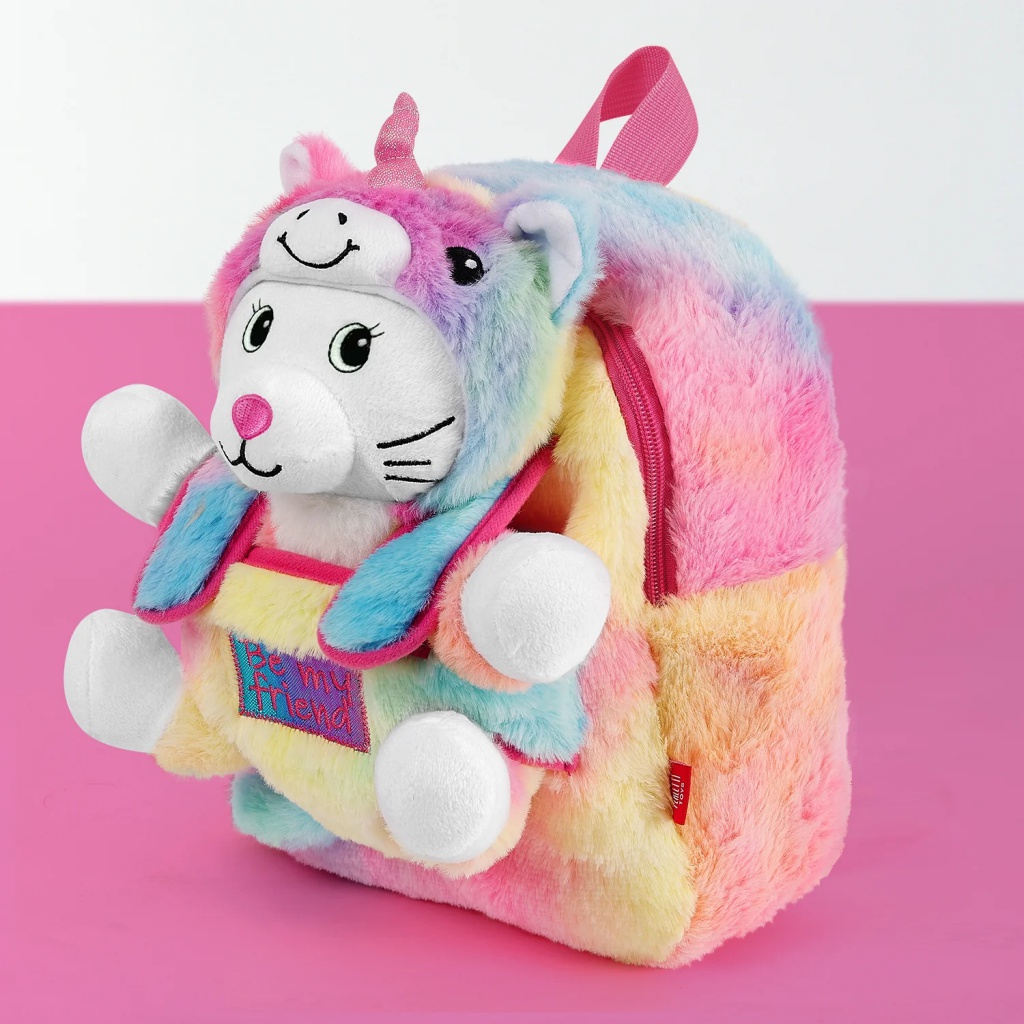 Detský batoh s plyšákom Perletti Toys Kawaii Unicorn Cat | Ružovo-duhový batôžtek