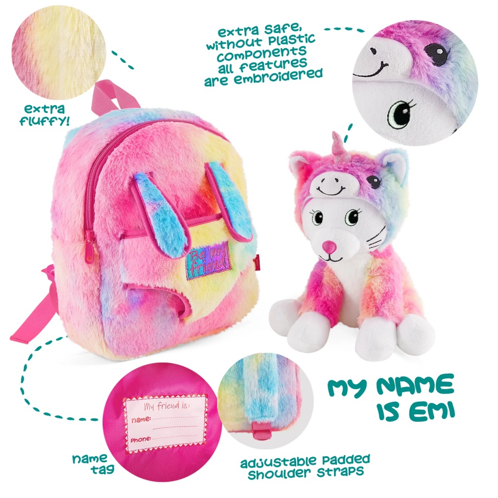 Dětský batoh s plyšákem Perletti Toys Kawaii Unicorn Cat | Růžovo-duhový batůžek