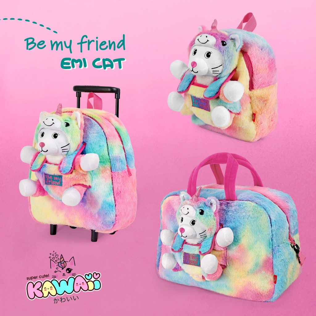 Detský batoh s plyšákom Perletti Toys Kawaii Unicorn Cat | Ružovo-duhový batôžtek