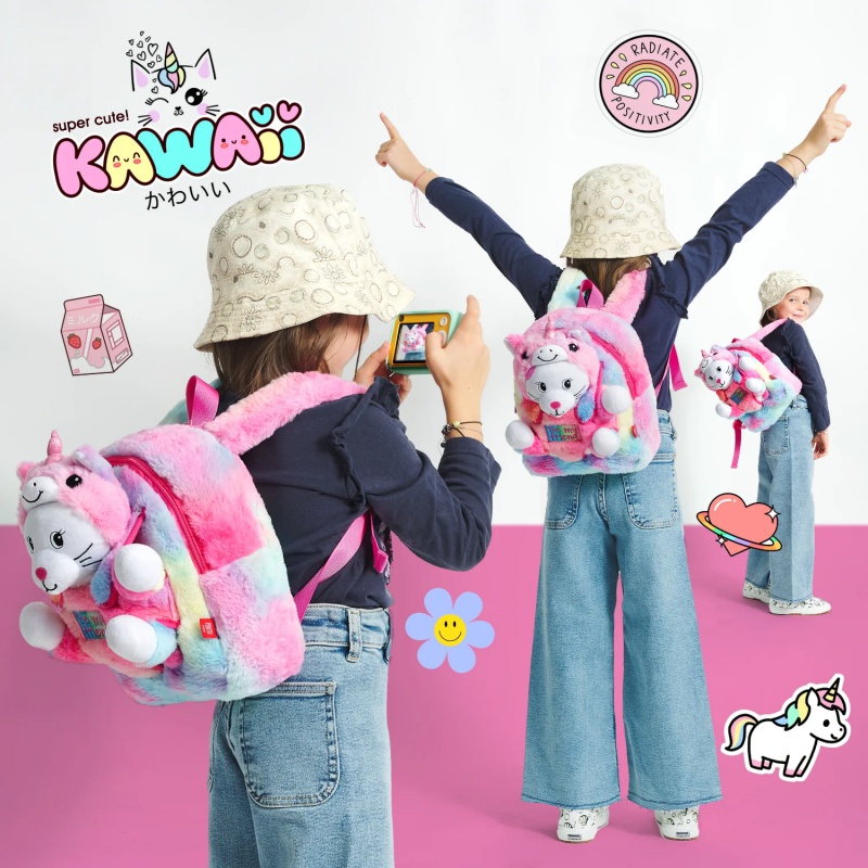 Detský batoh s plyšákom Perletti Toys Kawaii Unicorn Cat | Ružovo-duhový batôžtek