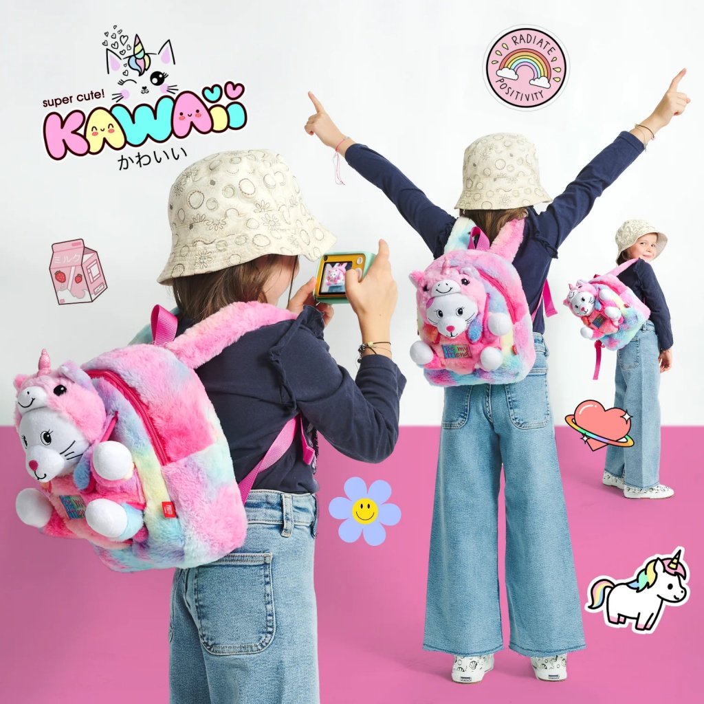 Detský batoh s plyšákom Perletti Toys Kawaii Unicorn Cat | Ružovo-duhový batôžtek