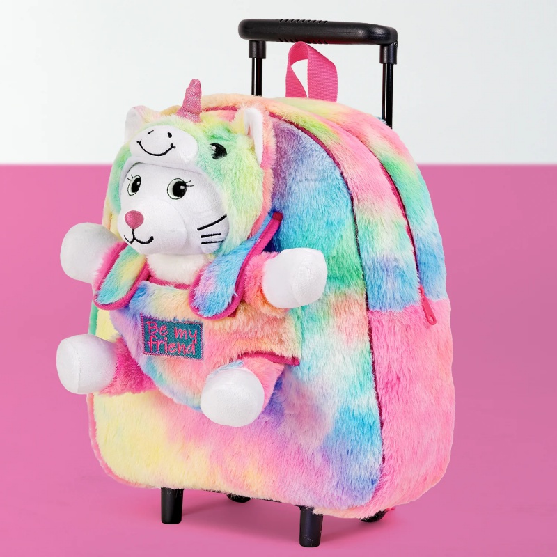 Detský batoh na kolieskach s plyšákom Perletti Toys Kawaii Unicorn Cat | Ružovo-duhový batôžtek