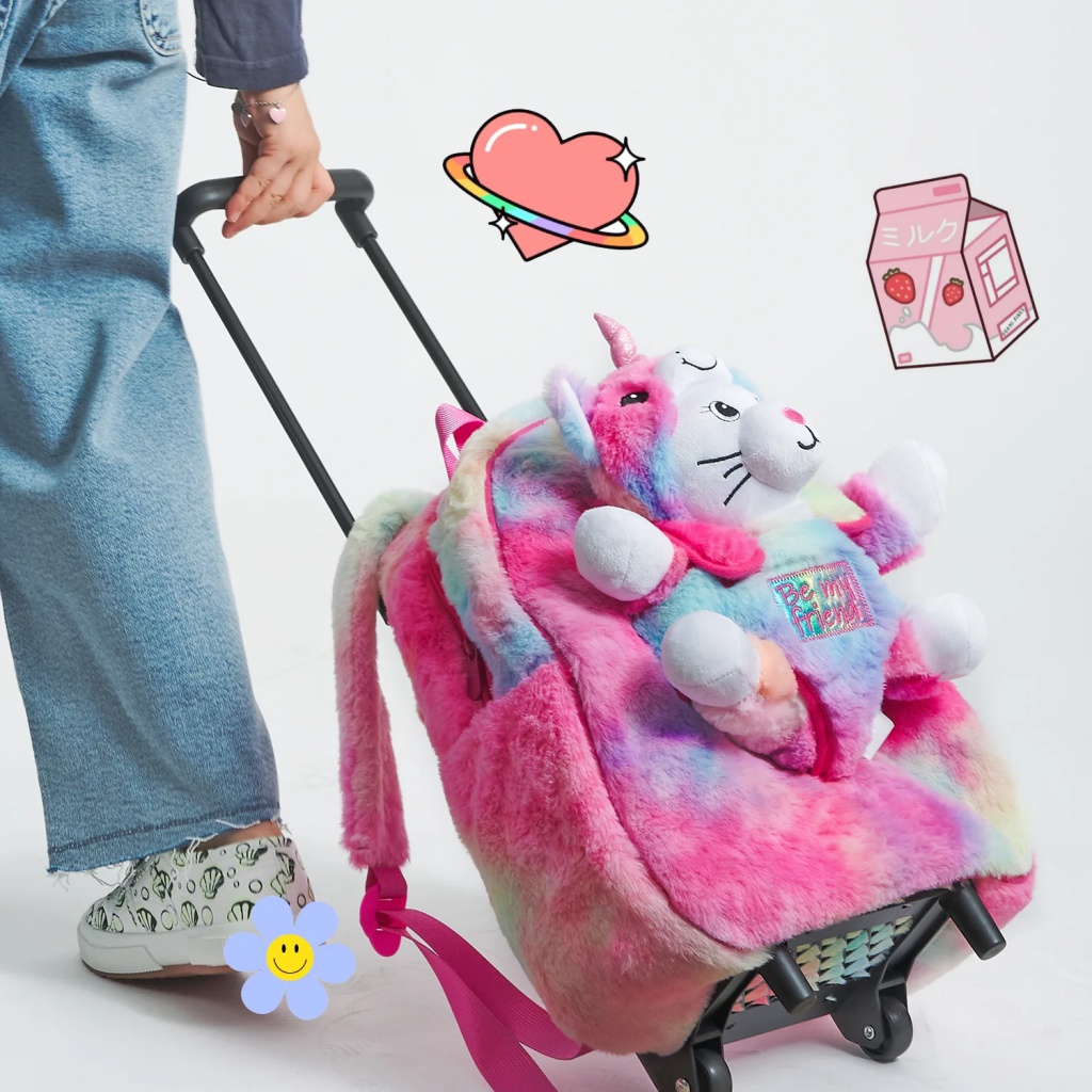 Detský batoh na kolieskach s plyšákom Perletti Toys Kawaii Unicorn Cat | Ružovo-duhový batôžtek