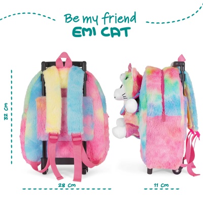 Dětský batoh na kolečkách s plyšákem Perletti Toys Kawaii Unicorn Cat | Růžovo-duhový batůžek