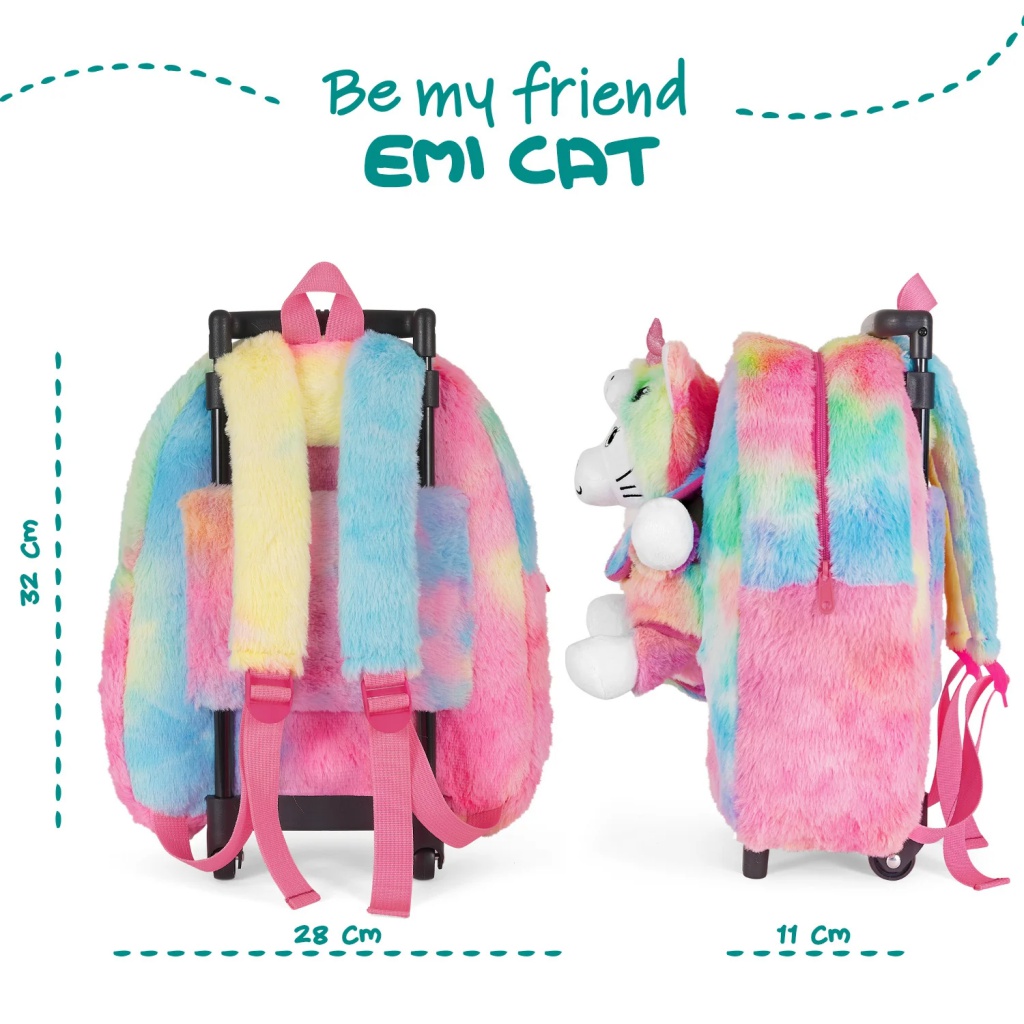 Dětský batoh na kolečkách s plyšákem Perletti Toys Kawaii Unicorn Cat | Růžovo-duhový batůžek