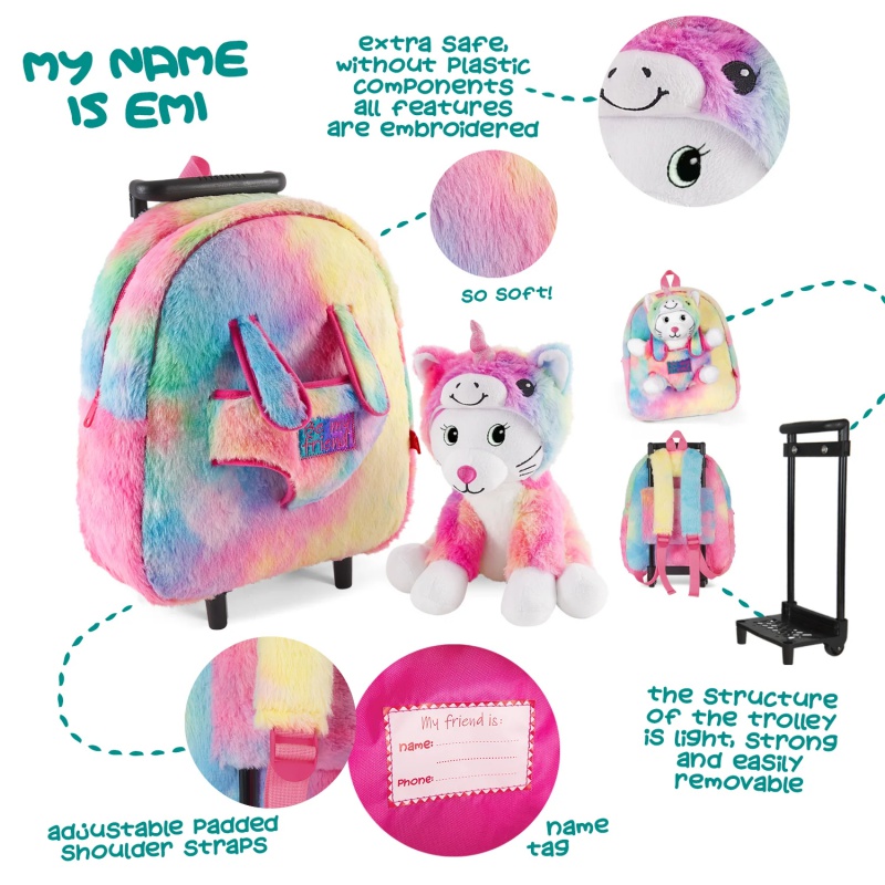 Detský batoh na kolieskach s plyšákom Perletti Toys Kawaii Unicorn Cat | Ružovo-duhový batôžtek