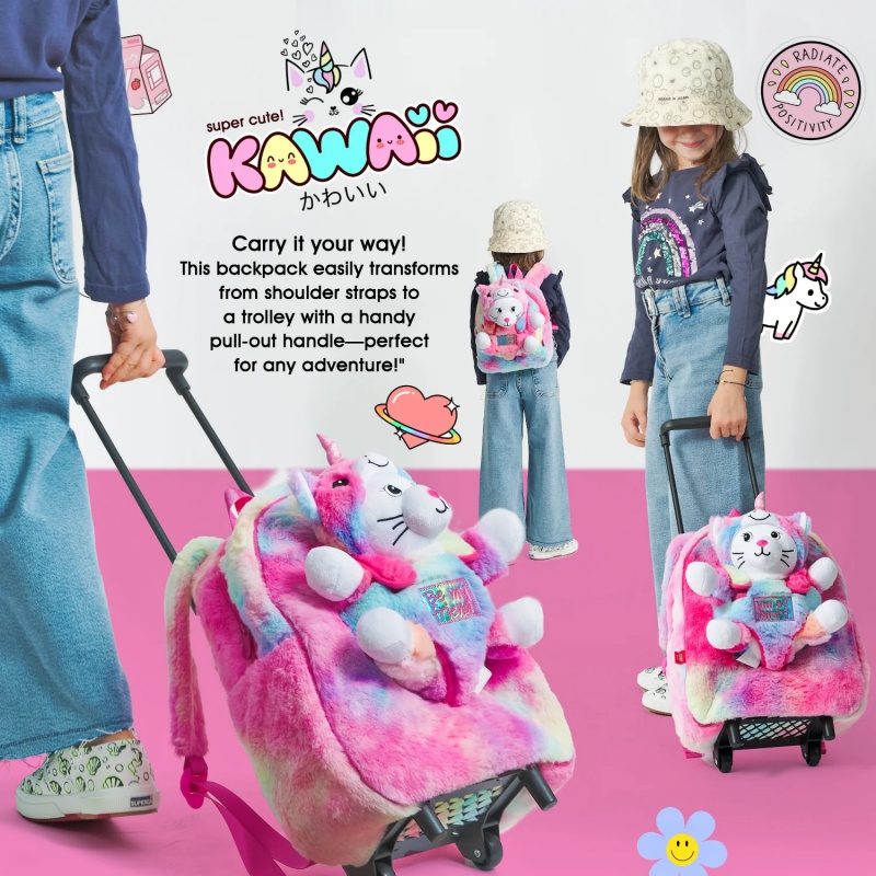Detský batoh na kolieskach s plyšákom Perletti Toys Kawaii Unicorn Cat | Ružovo-duhový batôžtek