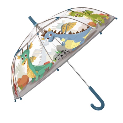 Veselý detský priehľadný dáždnik Perletti Cool Kids „Draky“ rozžiari každý daždivý deň. Farebný motív lietajúcich drakov nadchne