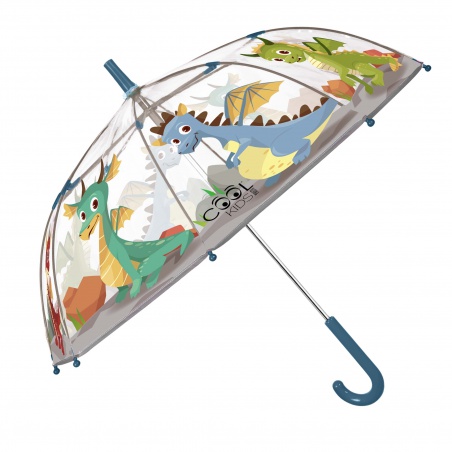 Veselý dětský průhledný deštník Perletti Cool Kids „Draky“ rozzáří každý deštivý den. Barevný motiv létajících draků nadchne